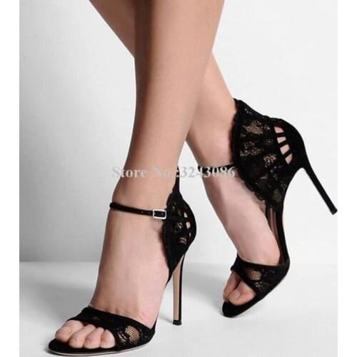 Sexy Black Lace Stiletto Heels Lady Sandals Fashion Circular Sector Ankle Buckle High Heel Sandals Elegant Female Banquet Shoes