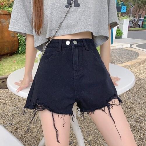 Hot 2020 Cotton high-waist slimming denim shorts womens summer wide-leg pants raw-edge hot pants straight-leg pants women