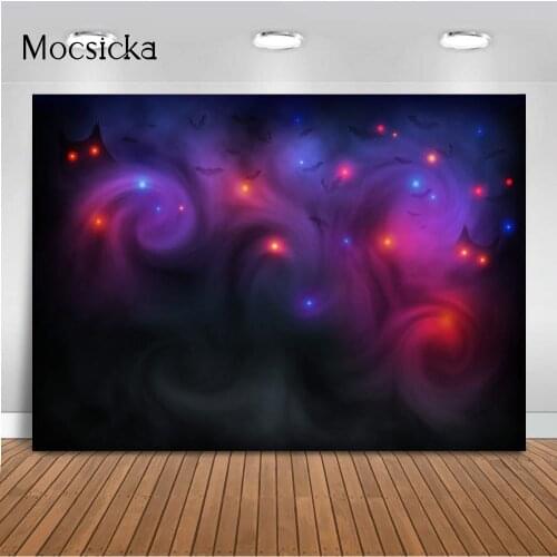 Halloween Scary Dark Backdrop,Magical Red and Blue Lights Evil Eyes Photo Background Owls and Bats Halloween Party Banner