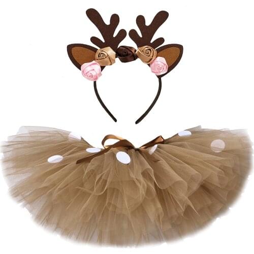 Fluffy Brown Deer Girl Tutu Skirt Christmas Costume Kids Reindeer Tulle Skirt for Halloween Carnival Children Outfit 1-14 Years
