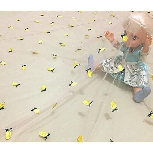 Pink mesh lace yellow small pineapple three-dimensional embroidery costume girls dress dress designer fabric