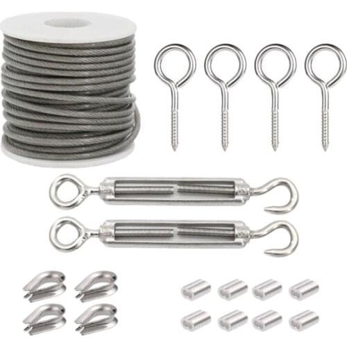 Garden Wire Rope/Outdoor String Light Suspension Kit,15M 3mm Stainless Steel Cable Rope with Clips Tensioner Turnbuckles