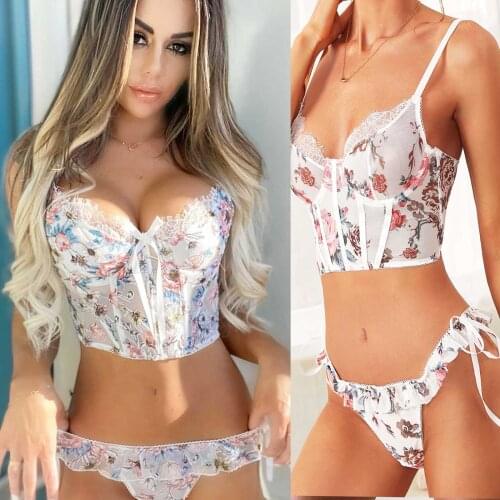 Floral Print Sexy Lingerie Lace Womens Underwear Strap Push Up Tops Brief Set Low Waist Thong Bra Sets Women Clothes