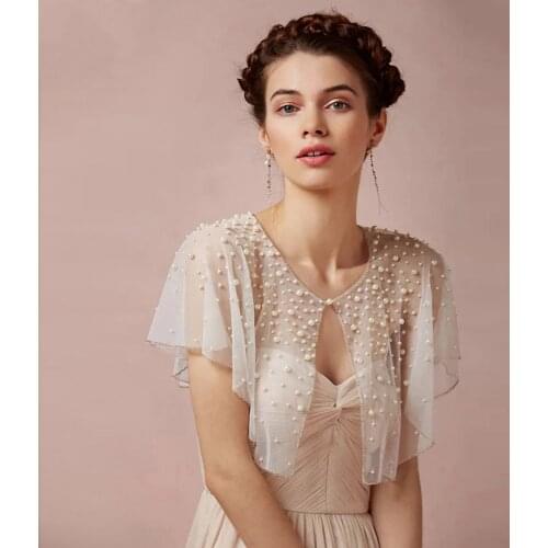 Beading Wedding Wrap Short Full Pearl Shrugs for Women Tulle Cape Bridal Cape Wedding Shawl