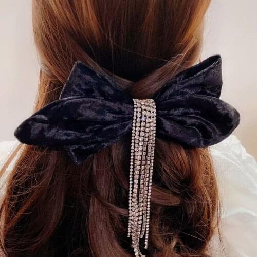 Retro French Hair Clip Pin Fabric Bow Crystal Rhinestone Tassel Hairgrip Luxury Jewelry Hairpin Hair Accessories for Women Girls