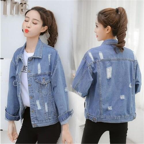 2019 Spring and Autumn New Korean Womens Slim Fit Long Sleeve Hole Short Denim Jacket Loose Large Size Womens Denim Jacket 556