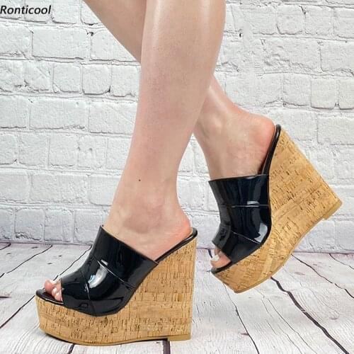 Ronticool Women Summer Mules Sandals Shiny Sexy Wedges High Heels Peep Toe Elegant Black Party Dress Shoes US Size 5-20