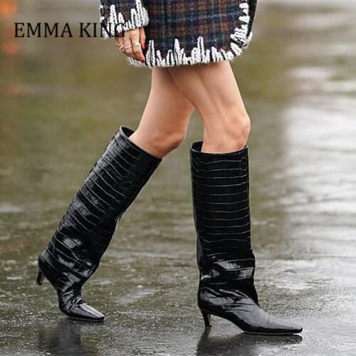Crocodile Pattern Women Knee High Botas 2020 Square Toe Kitten Heels Runway Knight Boos Black Leather Autumn Winter Women Shoes