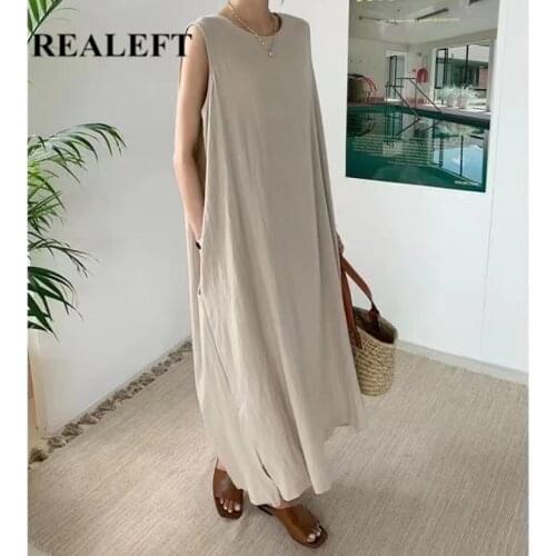 REALEFT Summer 2021 New Cotton Linen Solid Womens Long Dresses Chic High Waist Loose O-Neck Female A-Line Beach Tank Dress