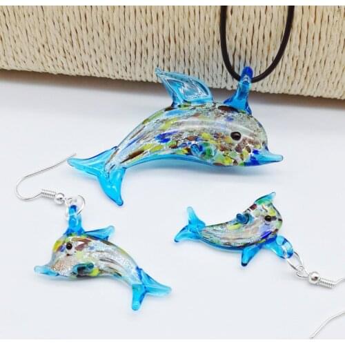 1Set Chinese Style Glass Murano NEW Trendy Creative DIY Blue Love Dolphin Pendant Necklace For Women Animal Charm Jewelry Gift