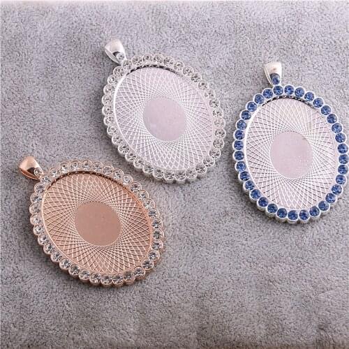 2pcs 30x40mm Inner Size Bright Silver color plated Transparent And Blue Rhinestone Style Cameo Cabochon Base Settin P6472