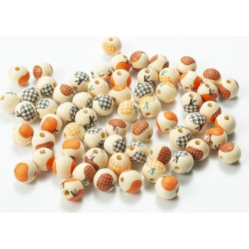 20pcs/lot Lattice Pattern Wooden Beads 16MM Round Ball Pumpkin Head Painted Wood Bead for DIY Halloween Childs Jeweley Making