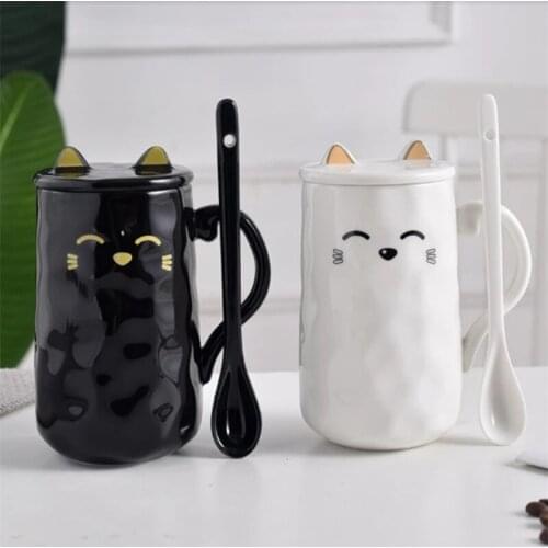 Large capacity cartoon naughty cat ceramic coffee mug with lid spoon couple cup office home tea cup holiday gift for friends