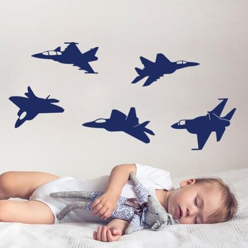 5 Pcs Fighter Jet Airplane Wall Sticker Kids Room Nursery Military Pilot Air Force Jet Wall Decal Bedroom Playroom Vinyl
