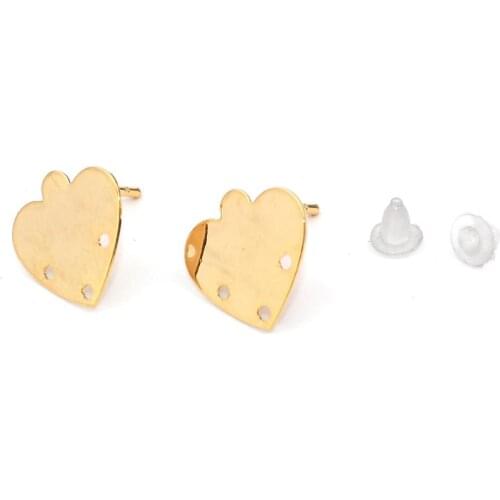 8Seasons Copper Ear Post Stud Earrings Findings Heart Gold Color DIY W/ Loop 12mm x 12mm, Post/ Wire Size: (20 gauge), 6 PCs