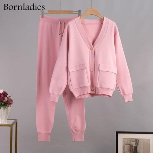Bornladies Autumn Winter Women Sexy V Nexk Pullover Sweater & Lace-up Pants Ladies Loose 2 Pieces Set Female Casual Knitted Sets