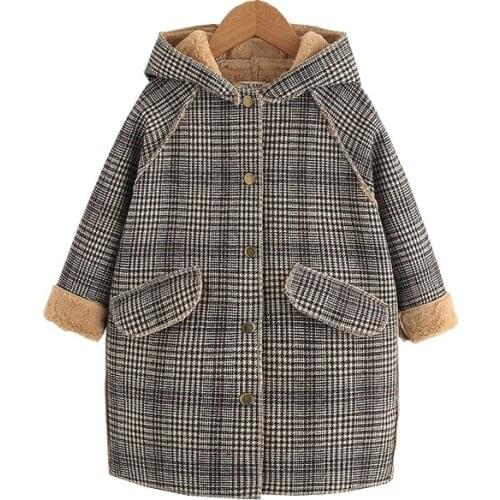 Kids Girl Overcoat Winter New Fashion Houndstooth Wool Coat for Girls Teens Autumn Jacket Plus Velvet Warm Long Outerwear CL149