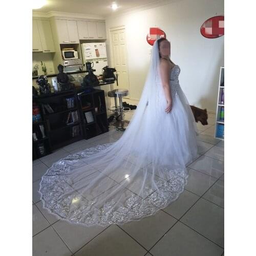 3m Long Luxury White/Ivory Cathedral Wedding Lace Sequins Applique Tulle Bridal Long Head Veil with Comb