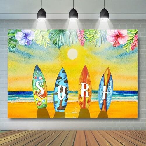 Sunset Surf Photography Backdrop Summer Sandy Beach Oil Painting Background Kids Child Portrait Waves Flower Decor Photostudio