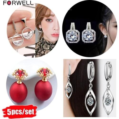 Forwell 5PCS/Set Korean Fashion New Style Square Asymmetric Pearl Twist Earrings Snowflake Pearl Earrings Wholesale