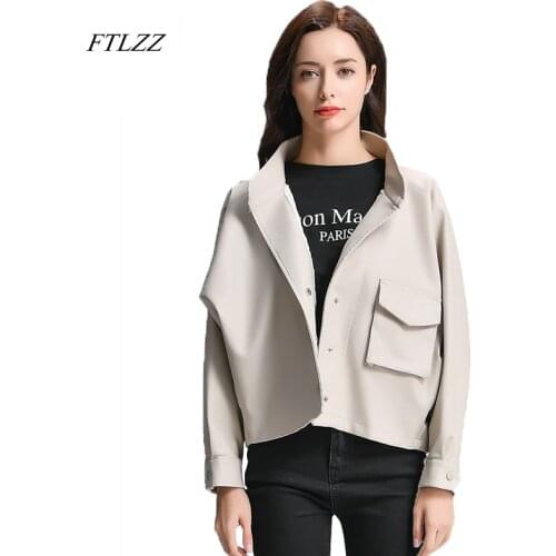 FTLZZ Faux Leather Jacket Women Casual Single Breasted Long Sleeve Motorcycle PU Leather Coats