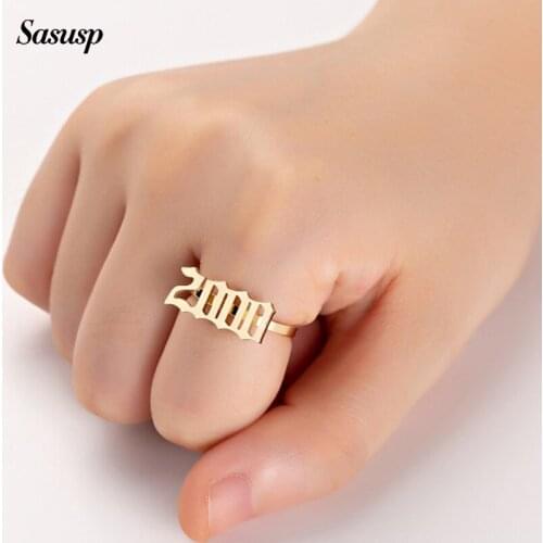 Sasusp Personalize Year Number 1980 to 2000 Shaped Finger Ring Adjustable Size Stainless Steel Anniversary Rings For Women