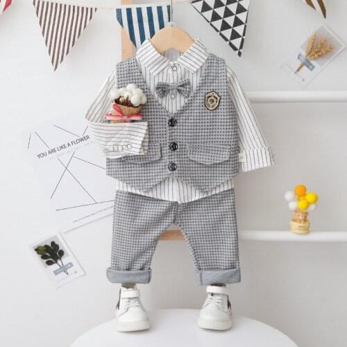 Baby Boys Gentleman Clothing Set Infant Plaid Vest +Tie Striped Shirt Tie+Pants Kids New Spring Autumn 3PCS Activity Costume