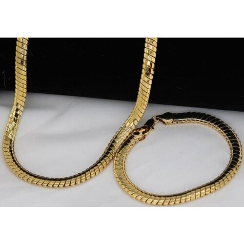 Mens Copper Flat Necklace Jewerly Set 8mm Wide Snake Chain Gold Waterproof Various Length Jewelry