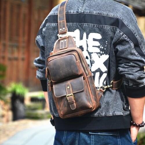 Retro fashion luxury Crazy Horse cowhide mens multi-pocket chest bag Casual outdoor daily travel cowhide Selling shoulder bag