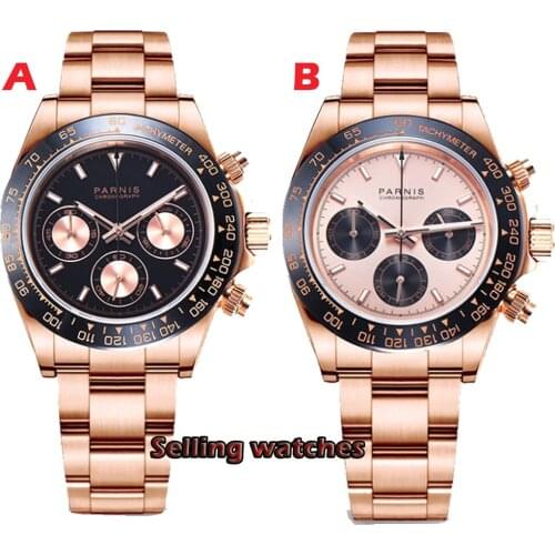 New arrive 39mm PARNIS Gold dial quartz mens watch Rose Gold solid case full Chronograph