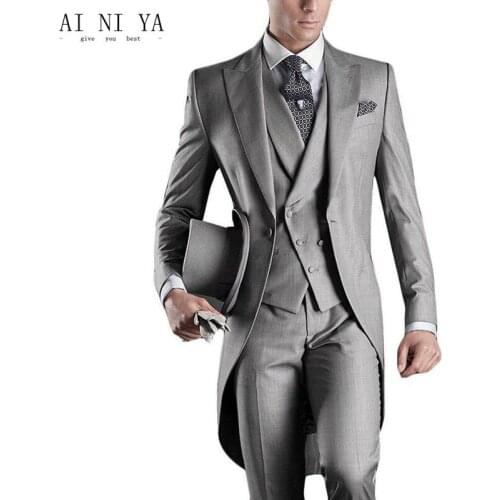 New mens slim fit suits men tuxedo gray (wedding) suits best man suit three pieces of the groom wedding peak lapel men suit