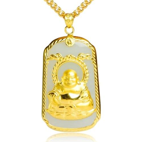 GOLD PLATED NATURAL JADE BUDDHA NECKLACE SMILING CHUBBY BUDDHA (WHITE JADE) PENDANT W/CUBAN CHAIN