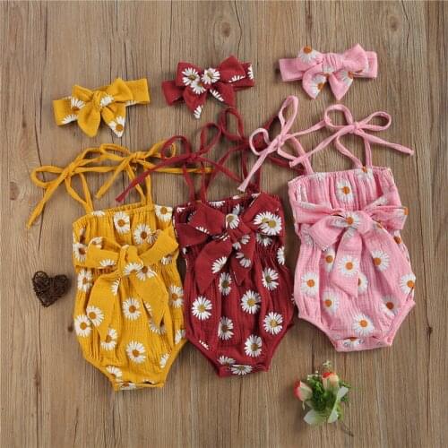 Lovely Summer Newborn Baby Girls Daisy Print Romper Headband Cotton Linen Bowknot Sleeveless Jumpsuits Toddler Infant Clothes