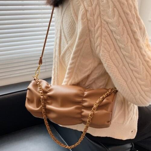 Soft PU Leather Cylinder Shoulder Bag Women Space Cotton Ruched Zipper Handbag Chain Crossbody Bag Fashion Female Handbags Small