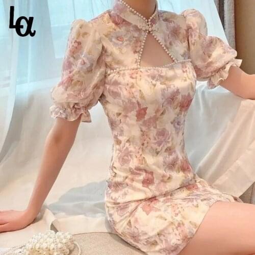 Luck A Elegant Print Floral Dress Women Sexy Vintage Sweet Dress Kawaii Puff Sleeve Casual Party Split Dress Summer 2021 New