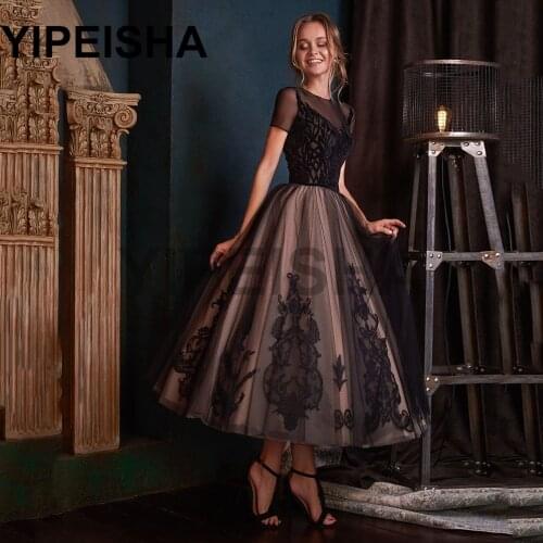 O-Neck Short Sleeve Lace Appliques A-Line Evening Dresses Tea-Length Formal Prom Party Gown vestidos de fiesta robes de soirée