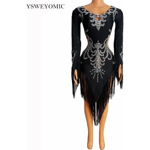 Party Dress Silver Rhinestone Long Sleeve Fringes Spandex Dress Bar Women Dancer Evening Outfit Birthday Celebrate Latin Dress