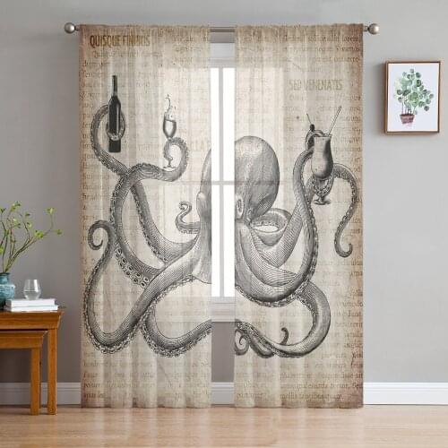 Vintage Old Newspaper Octopus Wine Glass Drink Sheer Curtains for Living Room Tulle for Windows Voile Short Bedroom Curtains