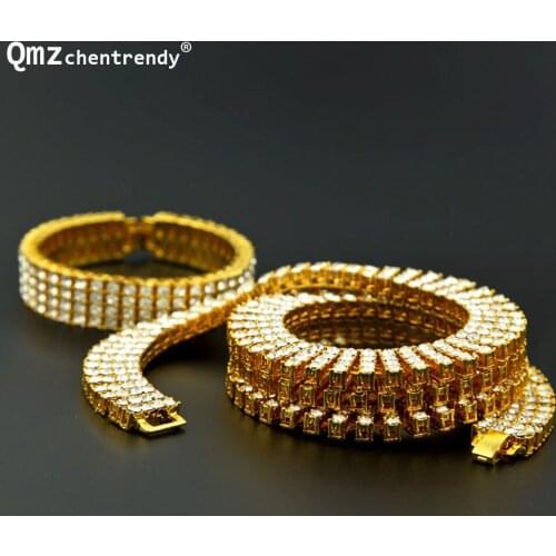 Top Quality Hip Hop Bling Iced Out 4 Rows Round Cut Tennis Miami Cuban Chain Necklaces Bracelet Fully Rhinestone Jewelry sets