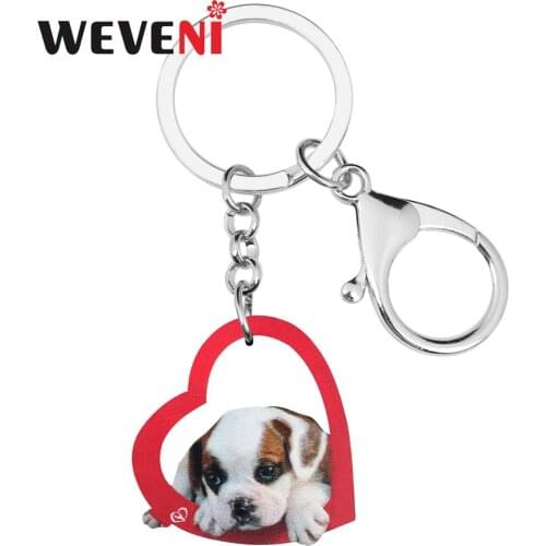 WEVENI Acrylic Valentines Day Heart Bulldog Dog Key Chains Animal Key Ring Bag Car Wallet Keychain For Women Girl Teen Men Gift