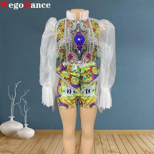 Women Long Sleeve Rhinestone Pearls Shirt Short Lace Colorful Dancer Show Outfit Set Bar Dance Wear