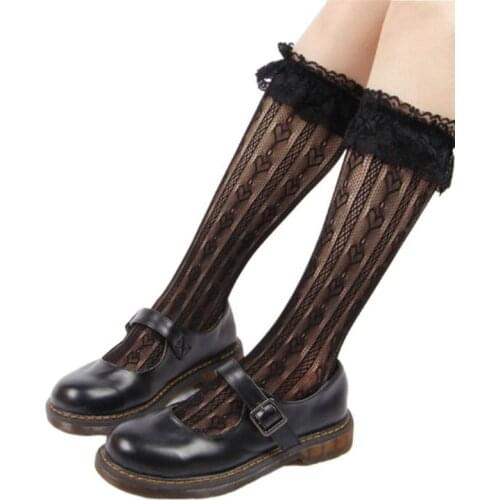 Womens Middle Tube Calf Socks Sweet Lolita Stockings Girls Love Hearted Hosiery Shoes Accessories with Lace Edge