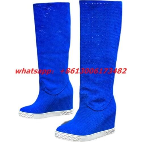 New woman king blue 8CM inner heightening hollow net boots woman round toe 2 ways wearing inner wedge knee high net boots