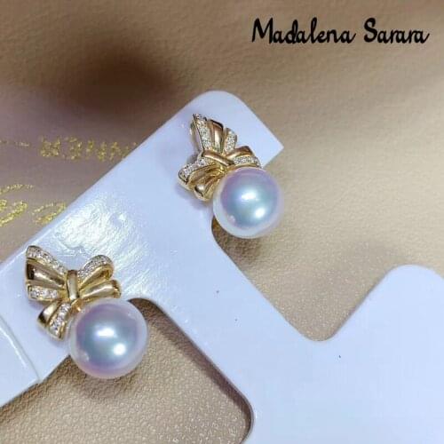 MADALENA SARARA 6-7mm AA Akoya Pearl 18K Women Earrings Bow-Knot Style Au750 Diamond Pave Setting Saltwater Pearl Stud Earrings