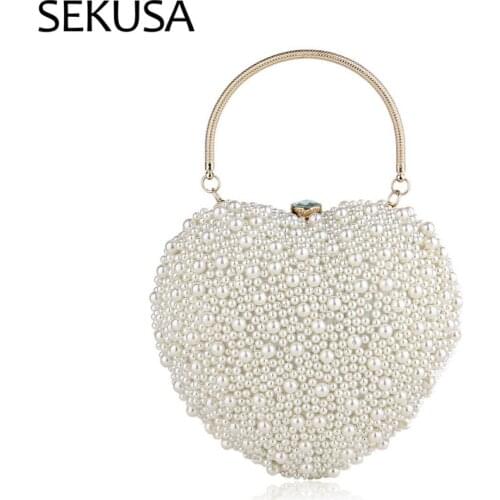 Beading Women Evening Bags Party Dinner Dress Day Clutches Heart Female Small Shoulder Handbags Pearl Messenger