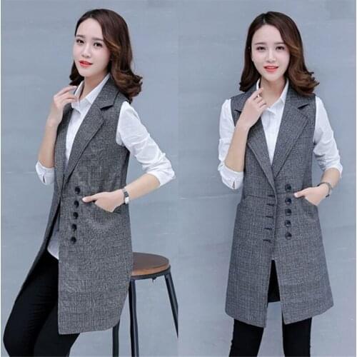 Plaid Suit Vest Women Spring Autumn New Ladies Sleeveless Korean Suit Jacket Mid-length Black Blazer Waistcoat Large Size K152