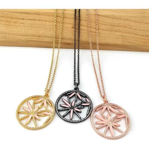 1Pcs New Design Filled pink Enamel CZ Micro Pave flower round Pendant Jewelry Women Fashion Girls Necklaces NK498