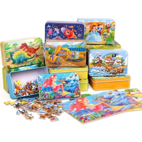 60 Pieces Wooden Puzzle Kids Toy with Iron Box Cartoon Animal Dinosaur Jigsaw Early Learning Toys Boys Girls Christmas Gift