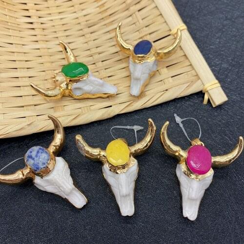 Acrylic Bull Head Retro Pendant Inlaid Amethyst Tiger Eye Powder Crystal Colorful Tribal Punk for DIY Necklace Bracelet Pendant