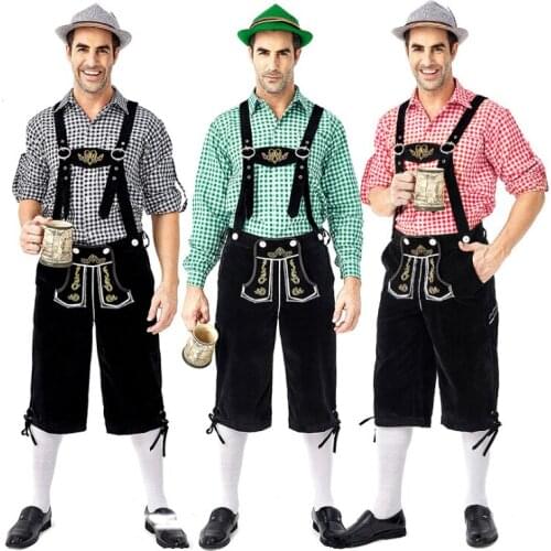 Free Shipping Carnival Men Germany Bavarian Bartender Cosplay The Munich Oktoberfest Costume Plaid Shirt Stage Show Fancy Party